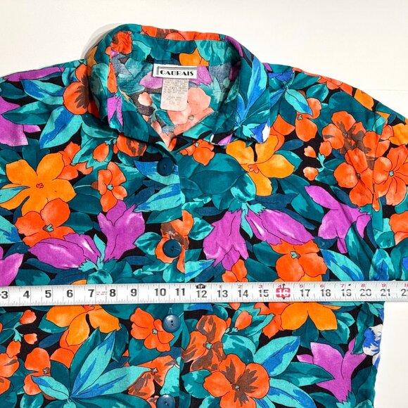 Vtg Cabrais Womens Tropical Hawaiian Shirt Rayon Button Floral Teal Hibiscus - Picture 9 of 11